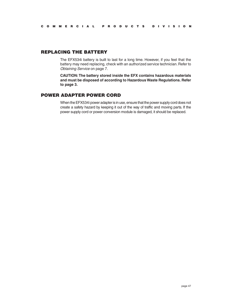 Replacing the battery, Power adapter power cord | Precor EFX534i t User Manual | Page 47 / 52