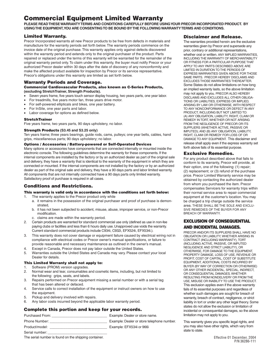 Commercial equipment limited warranty | Precor EFX534i t User Manual | Page 51 / 52
