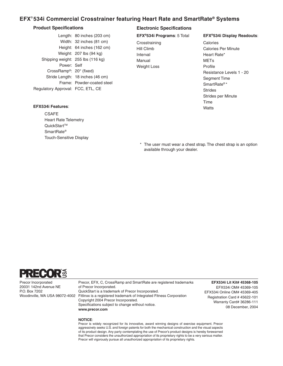 Efx534i product specifications, Systems | Precor EFX534i t User Manual | Page 52 / 52