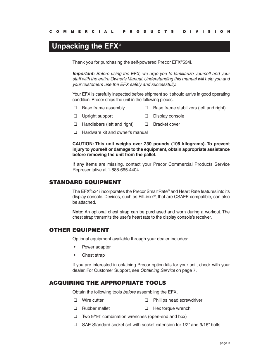 Unpacking the efx, Standard equipment, Other equipment | Acquiring the appropriate tools | Precor EFX534i t User Manual | Page 9 / 52