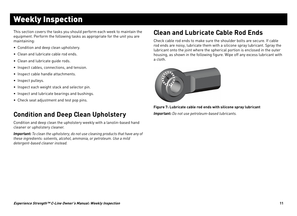 Weekly inspection, Condition and deep clean upholstery, Clean and lubricate cable rod ends | Precor CW34864-101 User Manual | Page 14 / 45