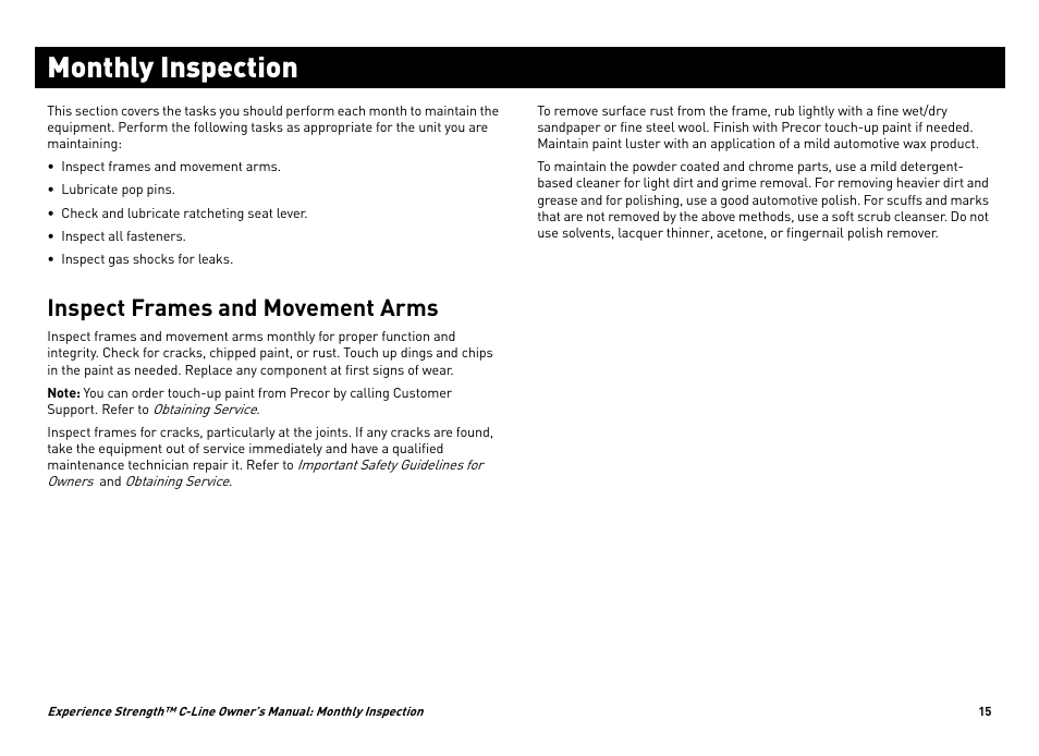 Monthly inspection, Inspect frames and movement arms | Precor CW34864-101 User Manual | Page 18 / 45
