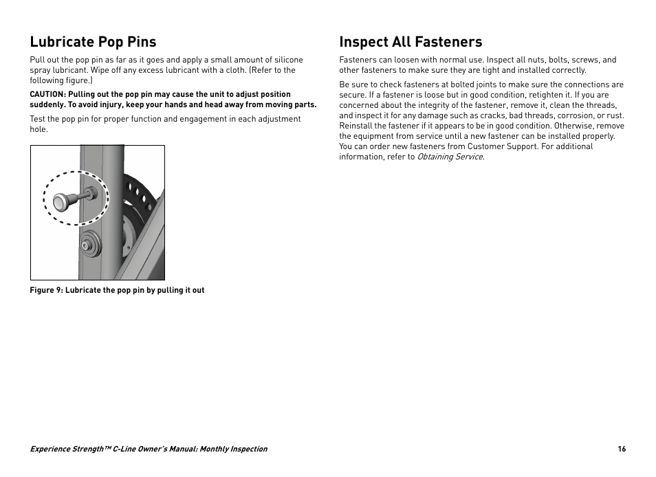 Lubricate pop pins, Inspect all fasteners | Precor CW34864-101 User Manual | Page 19 / 45