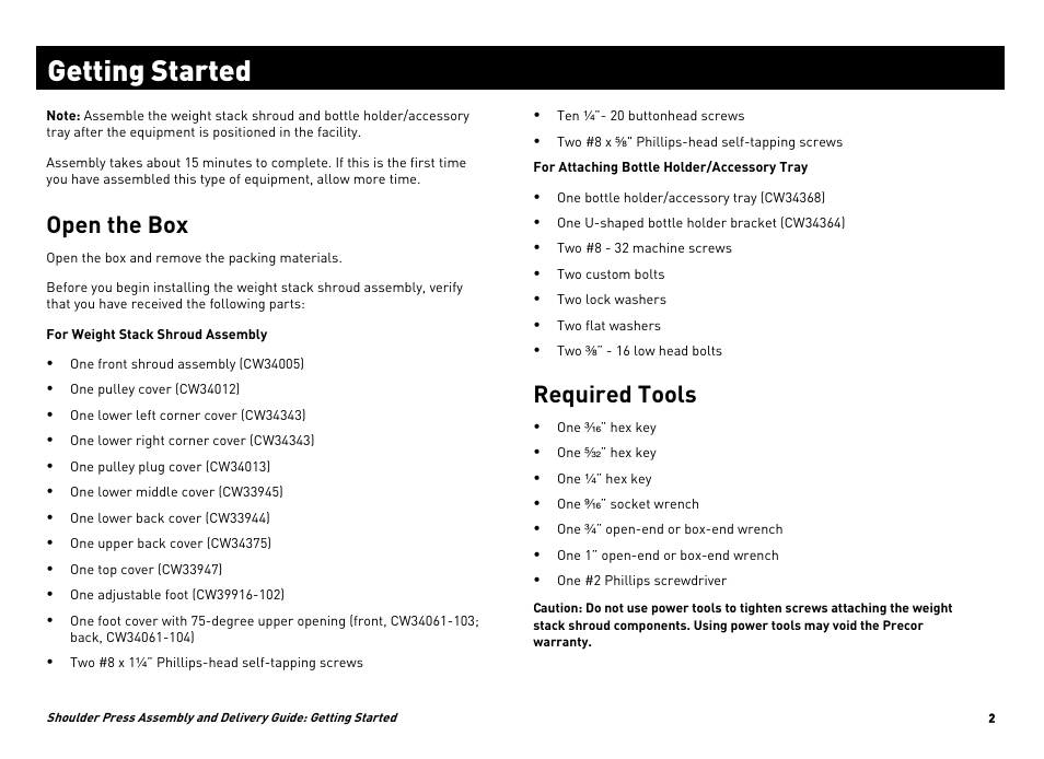 Getting started, Open the box, Required tools | Precor CW34864-101 User Manual | Page 29 / 45