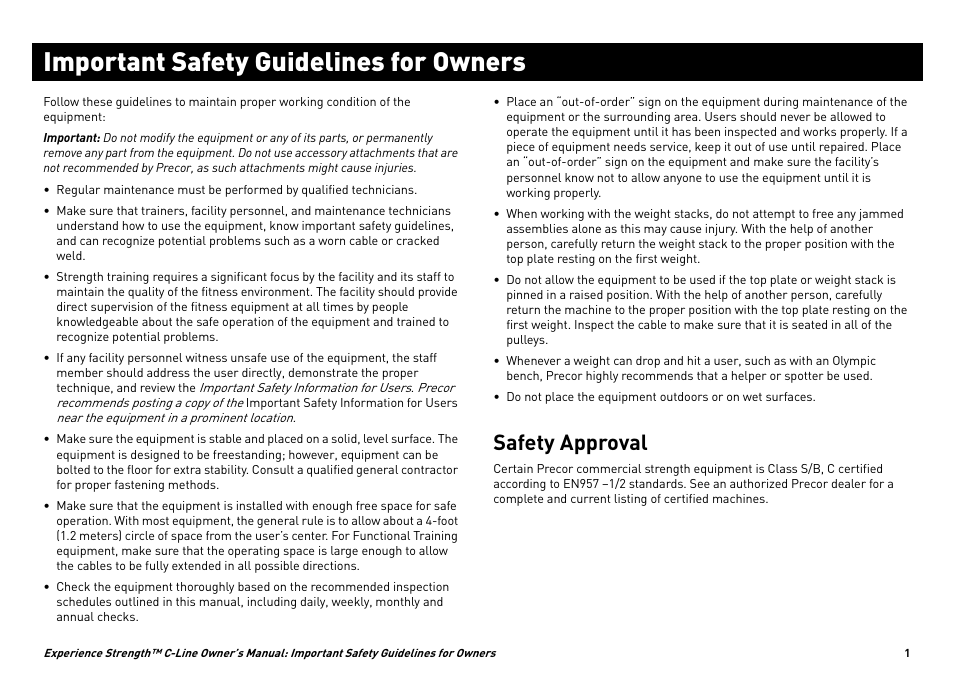 Important safety guidelines for owners, Safety approval | Precor CW34864-101 User Manual | Page 4 / 45