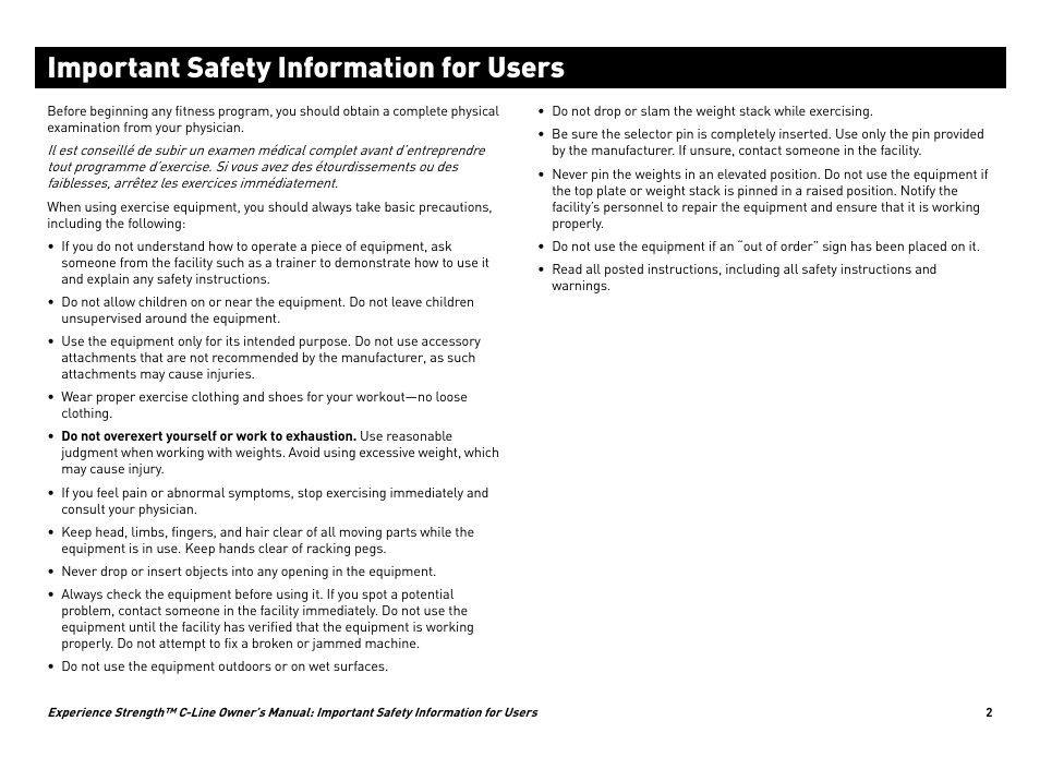 Important safety information for users | Precor CW34864-101 User Manual | Page 5 / 45