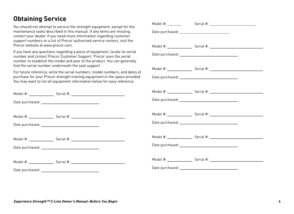Obtaining service | Precor CW34864-101 User Manual | Page 9 / 45