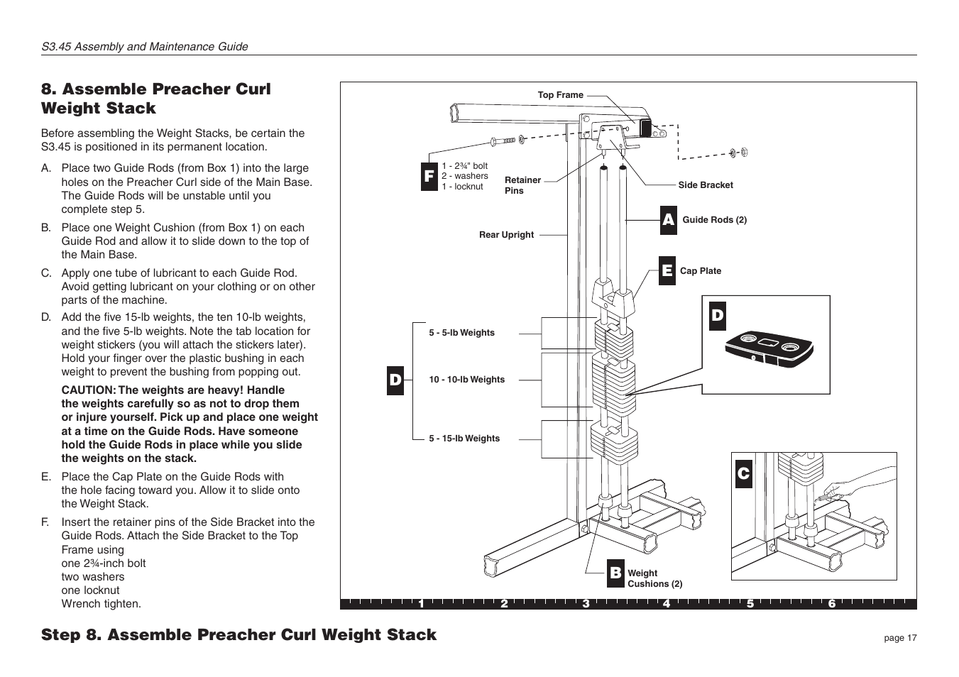 Assemble preacher curl weight stack, Step 8. assemble preacher curl weight stack, Db a f e | Precor Strength-Training S3.45 User Manual | Page 17 / 54