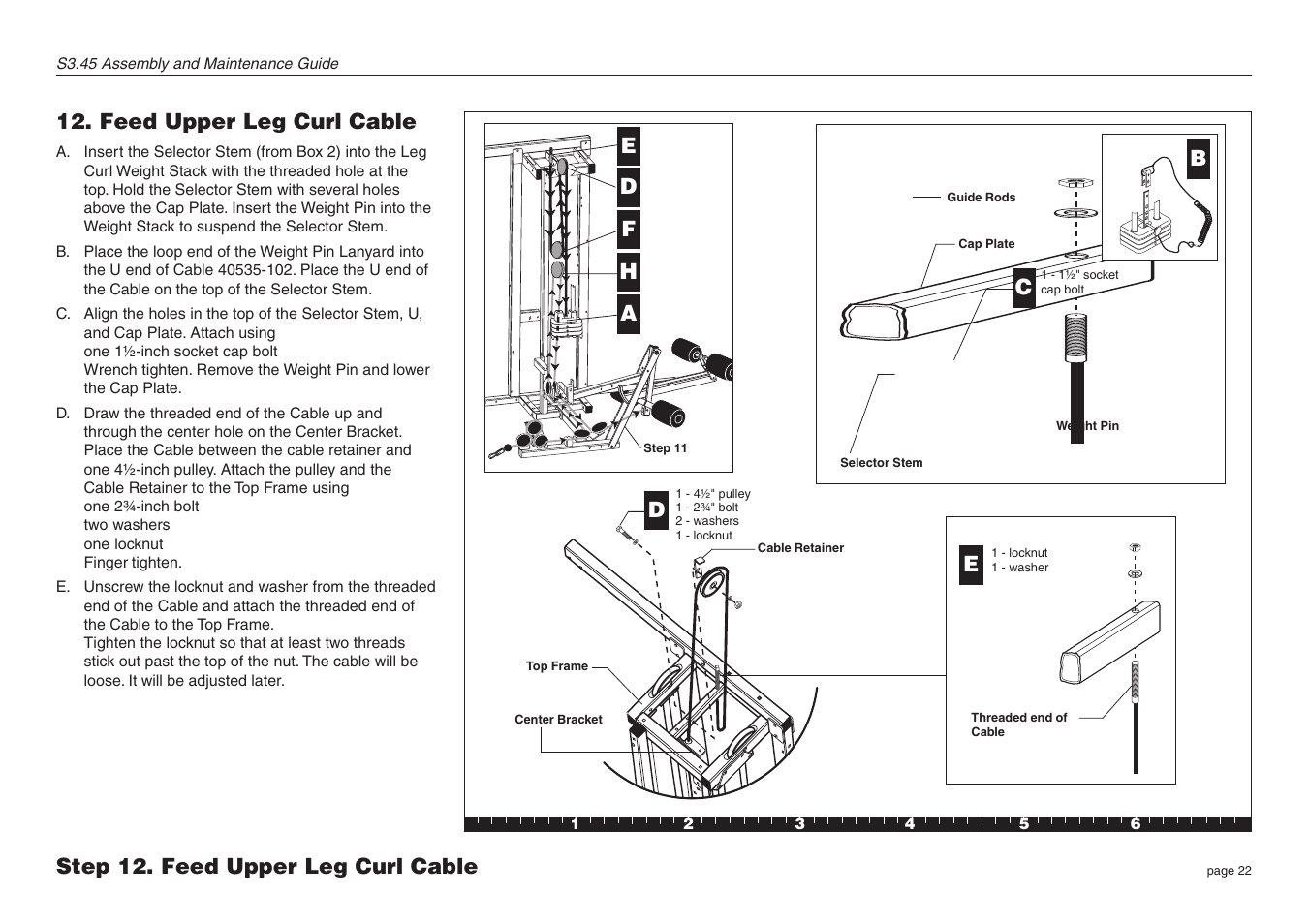 Feed upper leg curl cable, Step 12. feed upper leg curl cable e d, Ed f h a | Precor Strength-Training S3.45 User Manual | Page 22 / 54