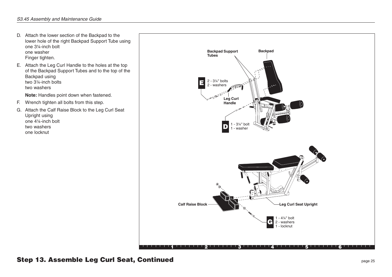 Step 13. assemble leg curl seat, continued d e | Precor Strength-Training S3.45 User Manual | Page 25 / 54