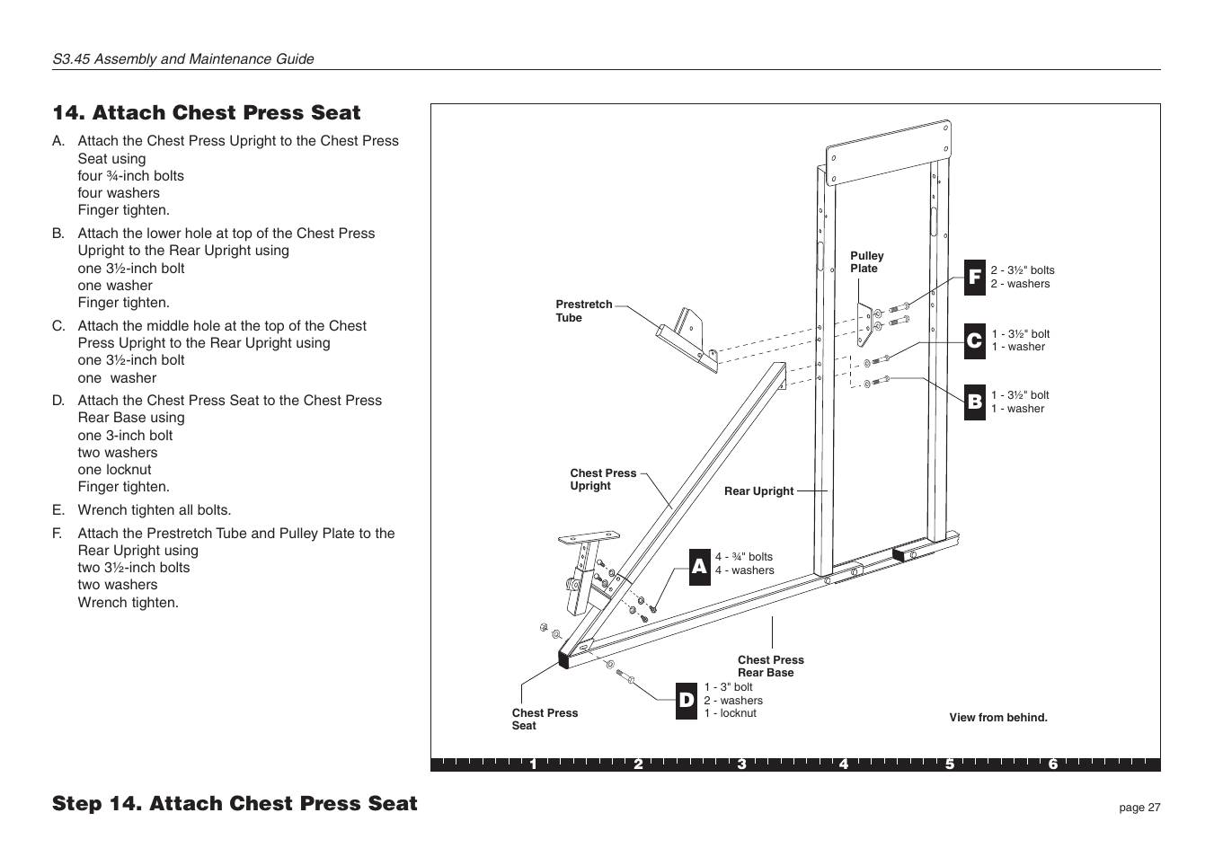 Attach chest press seat, Step 14. attach chest press seat f b d | Precor Strength-Training S3.45 User Manual | Page 27 / 54