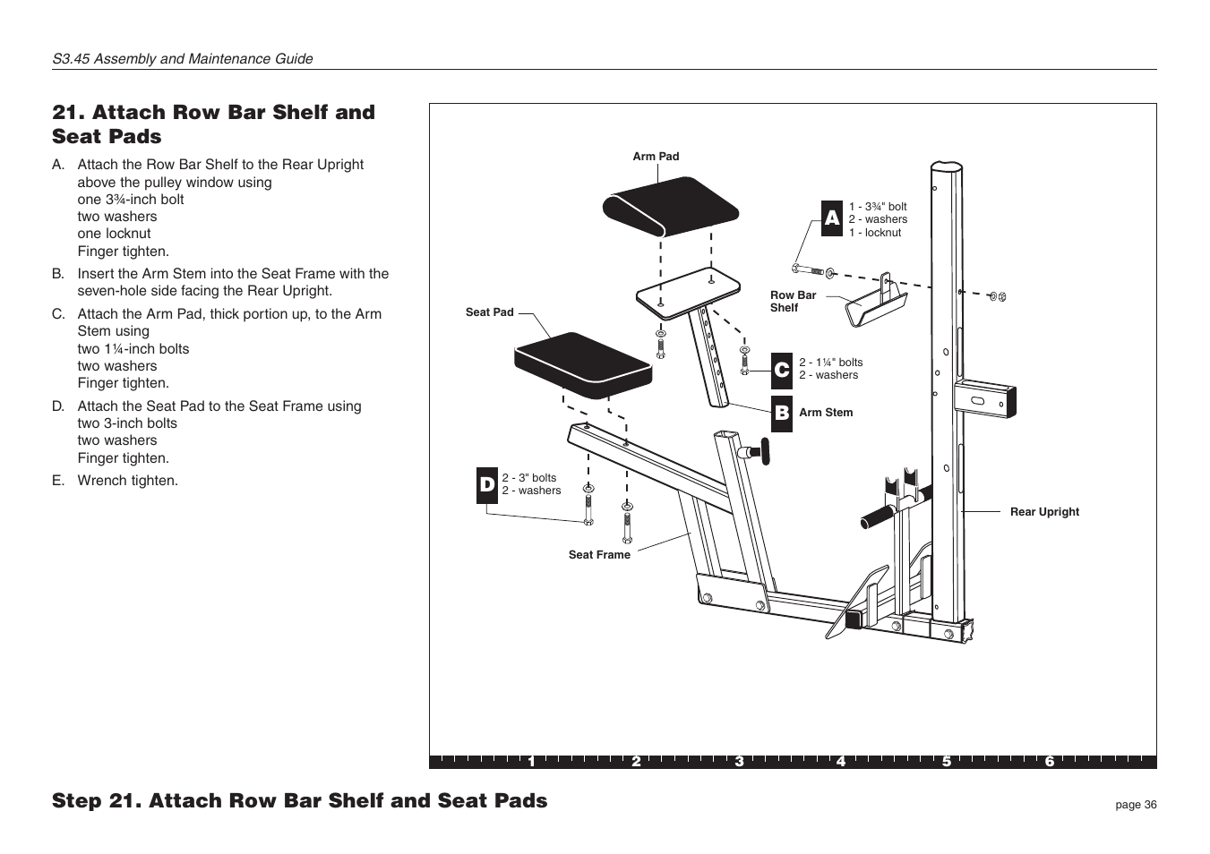 Attach row bar shelf and seat pads, Step 21. attach row bar shelf and seat pads | Precor Strength-Training S3.45 User Manual | Page 36 / 54