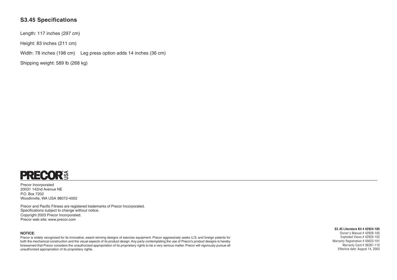 S3.45 specifications | Precor Strength-Training S3.45 User Manual | Page 54 / 54
