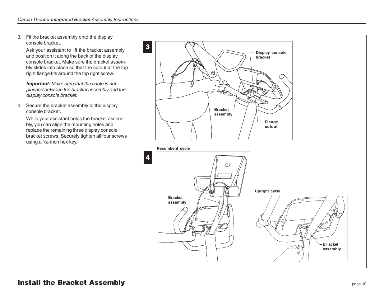 Install the bracket assembly 3 4 | Precor Cycles Integrated LCD Screen Option none User Manual | Page 10 / 16