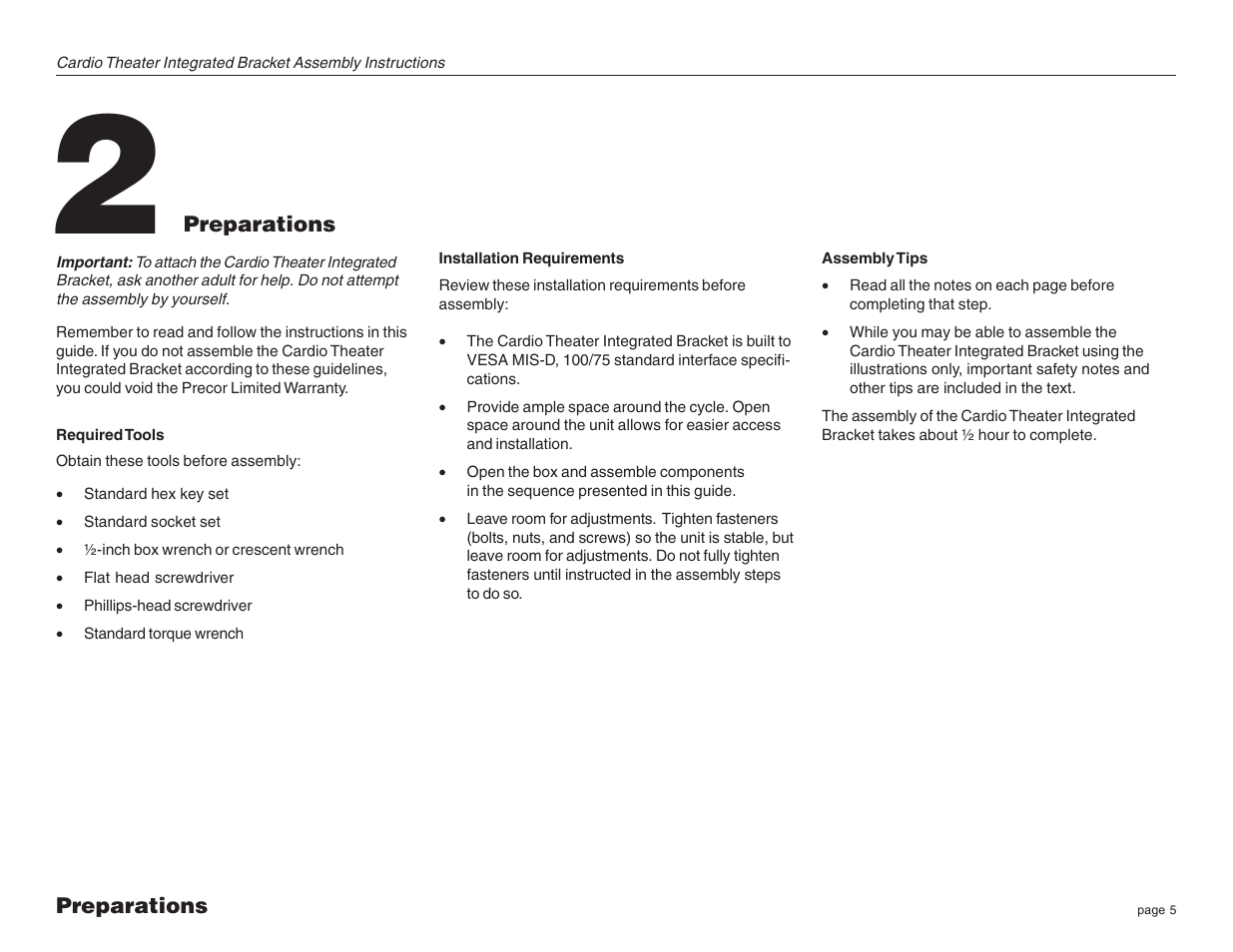 Preparations, Required tools, Installation requirements | Assembly tips | Precor Cycles Integrated LCD Screen Option none User Manual | Page 5 / 16