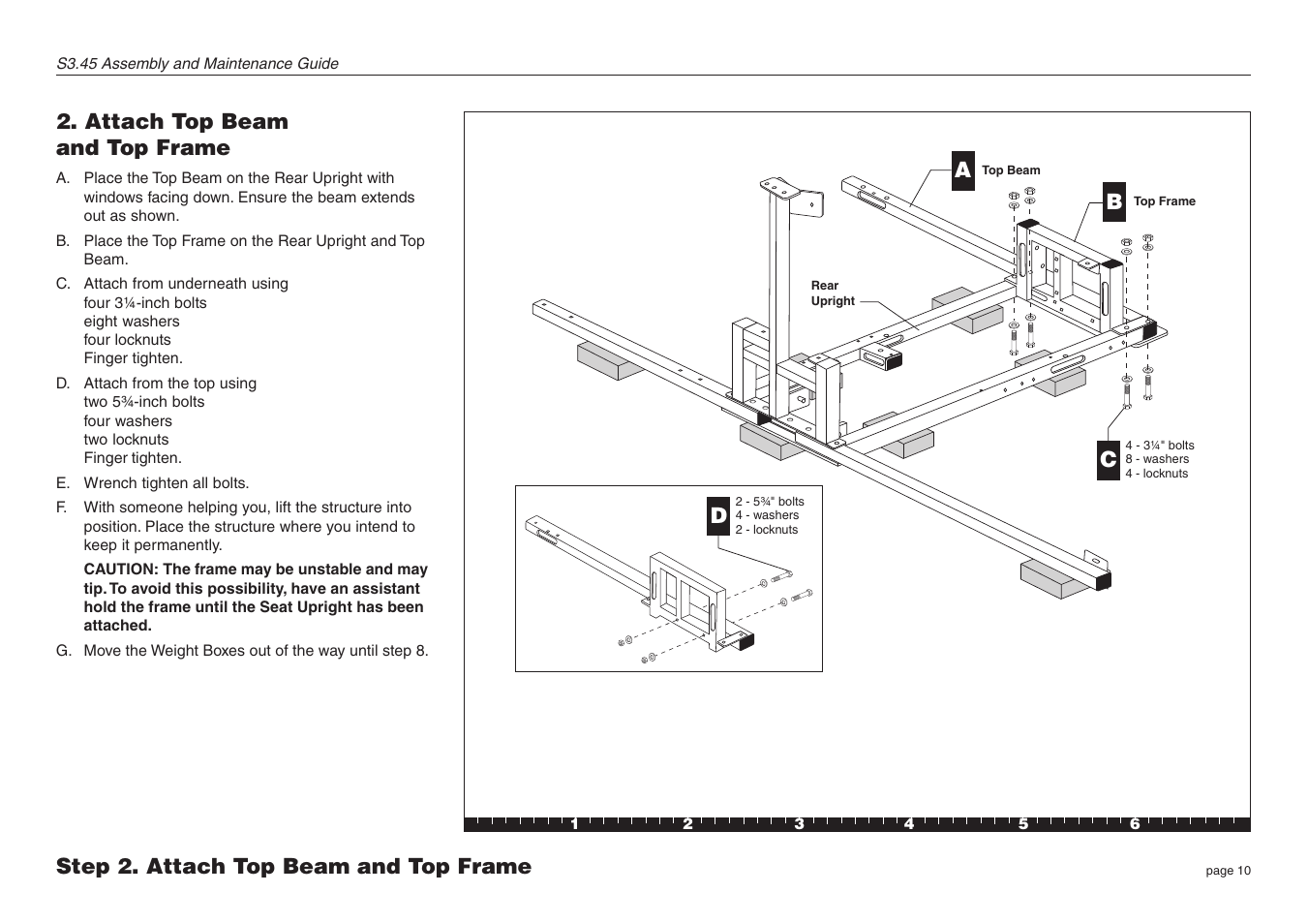 Attach top beam and top frame, Step 2. attach top beam and top frame | Precor S3.45 User Manual | Page 10 / 54