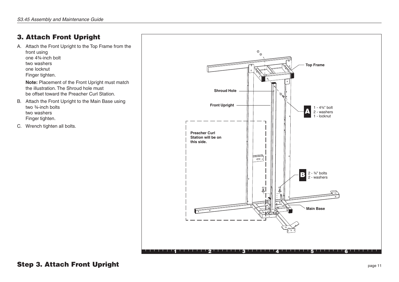 Attach front upright, Step 3. attach front upright | Precor S3.45 User Manual | Page 11 / 54
