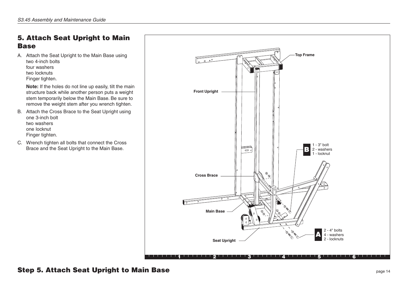 Attach seat upright to main base, Step 5. attach seat upright to main base | Precor S3.45 User Manual | Page 14 / 54