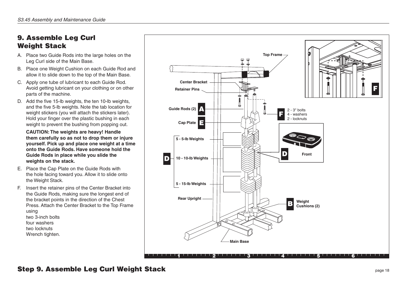 Assemble leg curl weight stack, Step 9. assemble leg curl weight stack, Db a e | Precor S3.45 User Manual | Page 18 / 54