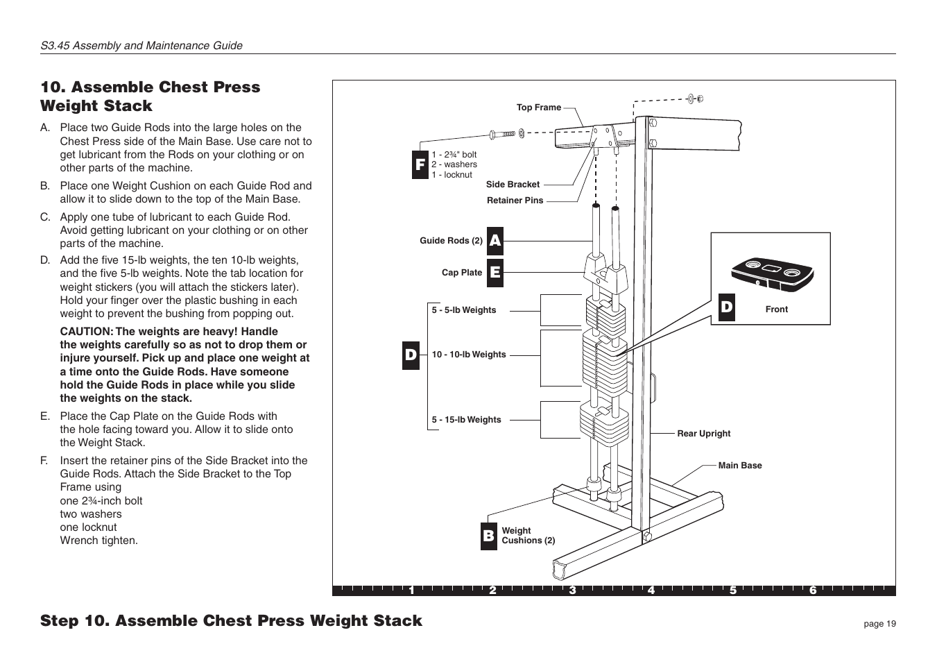 Assemble chest press weight stack, Step 10. assemble chest press weight stack, Db a e | Precor S3.45 User Manual | Page 19 / 54