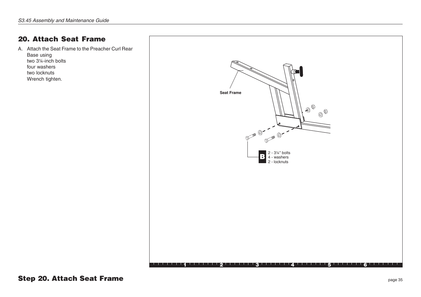 Attach seat frame, Step 20. attach seat frame | Precor S3.45 User Manual | Page 35 / 54