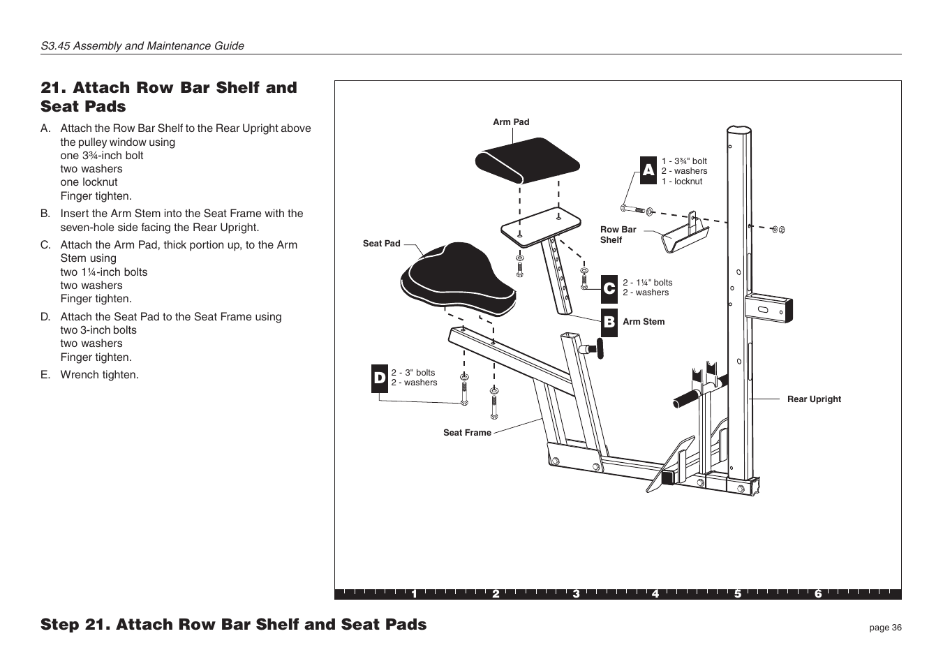 Attach row bar shelf and seat pads, Step 21. attach row bar shelf and seat pads | Precor S3.45 User Manual | Page 36 / 54