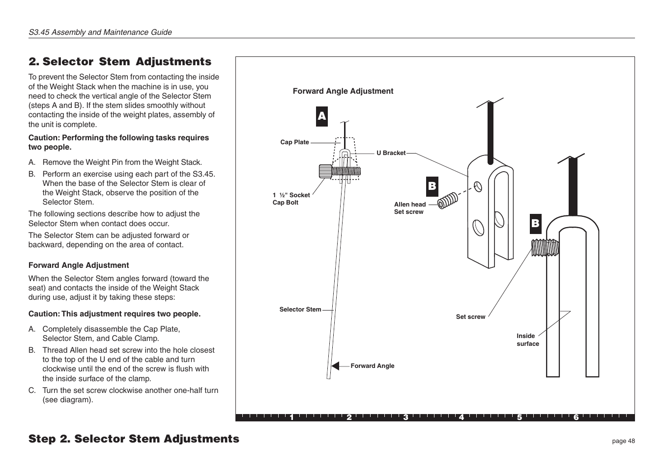Selector stem adjustments, Step 2. selector stem adjustments, A b b | Precor S3.45 User Manual | Page 48 / 54