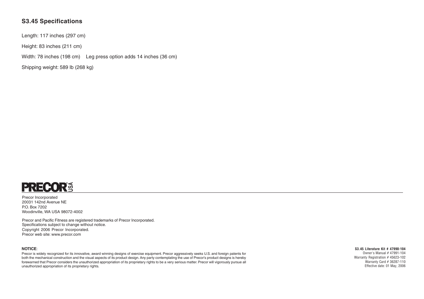 S3.45 specifications | Precor S3.45 User Manual | Page 54 / 54