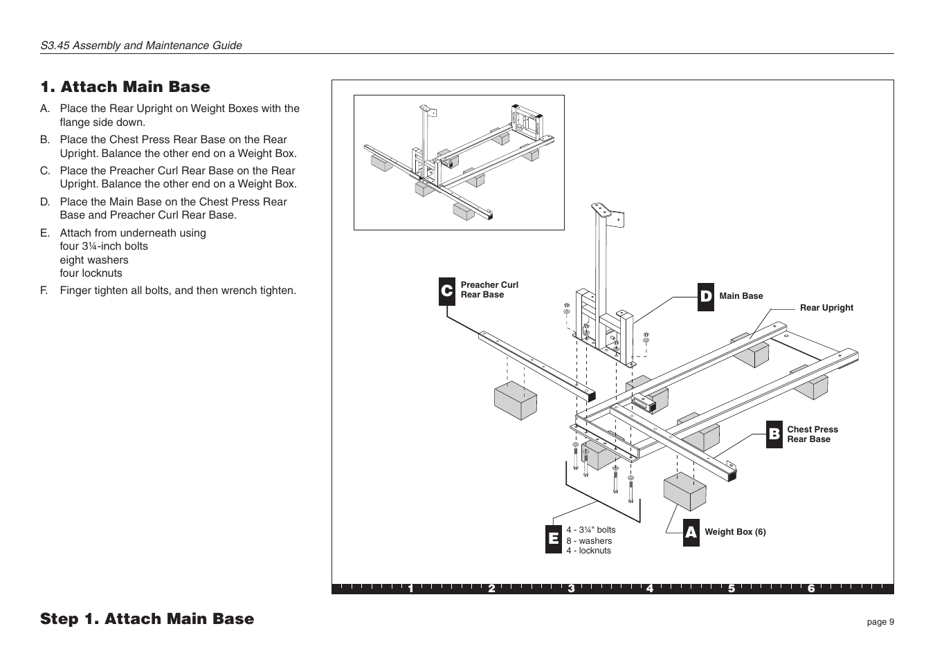 Attach main base, Step 1. attach main base, Db a c | Precor S3.45 User Manual | Page 9 / 54