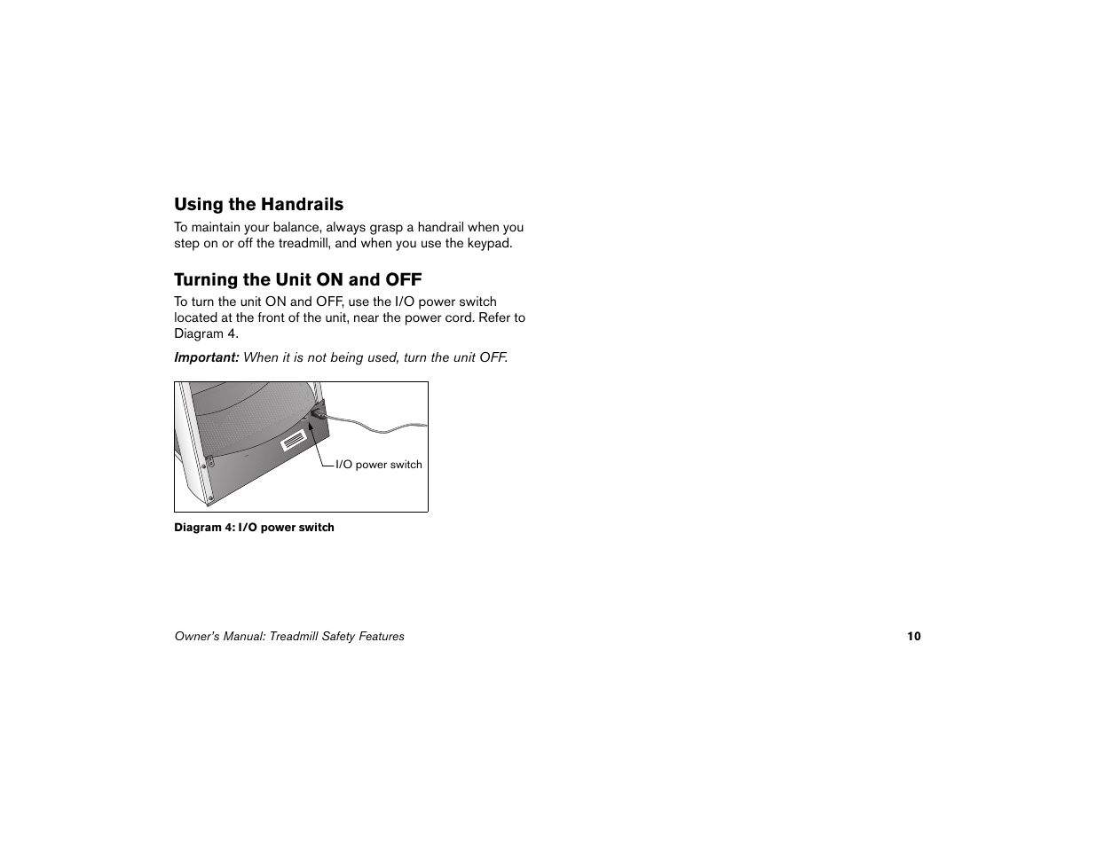 Using the handrails, Turning the unit on and off, Using the handrails turning the unit on and off | Precor Low Impact 9.31 User Manual | Page 12 / 60
