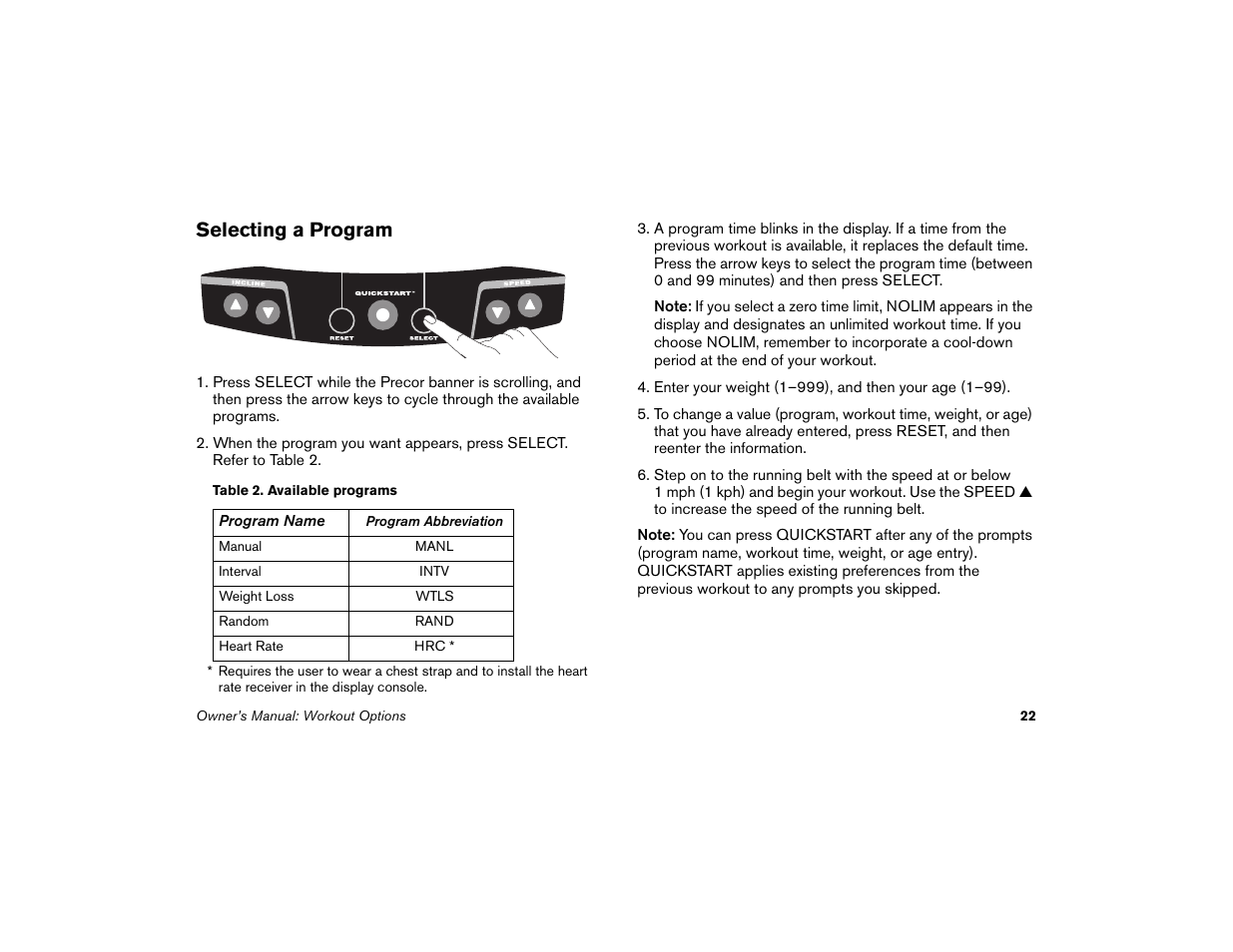 Selecting a program | Precor Low Impact 9.31 User Manual | Page 24 / 60