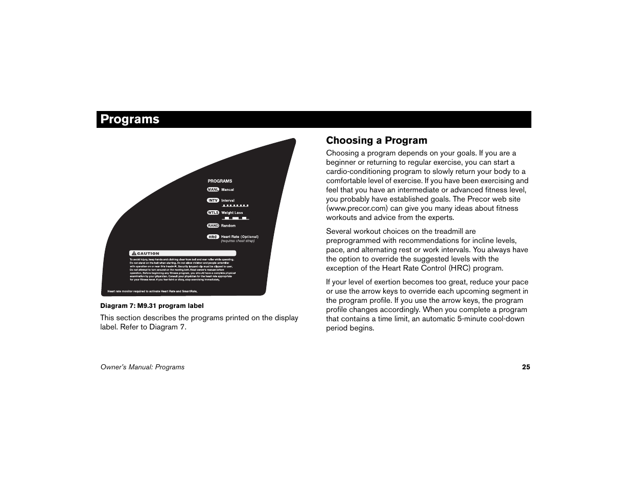 Programs, Choosing a program | Precor Low Impact 9.31 User Manual | Page 27 / 60