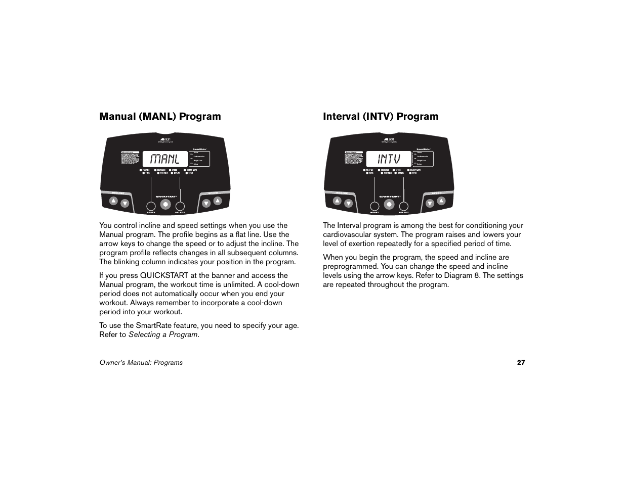 Manual (manl) program, Interval (intv) program, Manual (manl) program interval (intv) program | Manl, Intv | Precor Low Impact 9.31 User Manual | Page 29 / 60