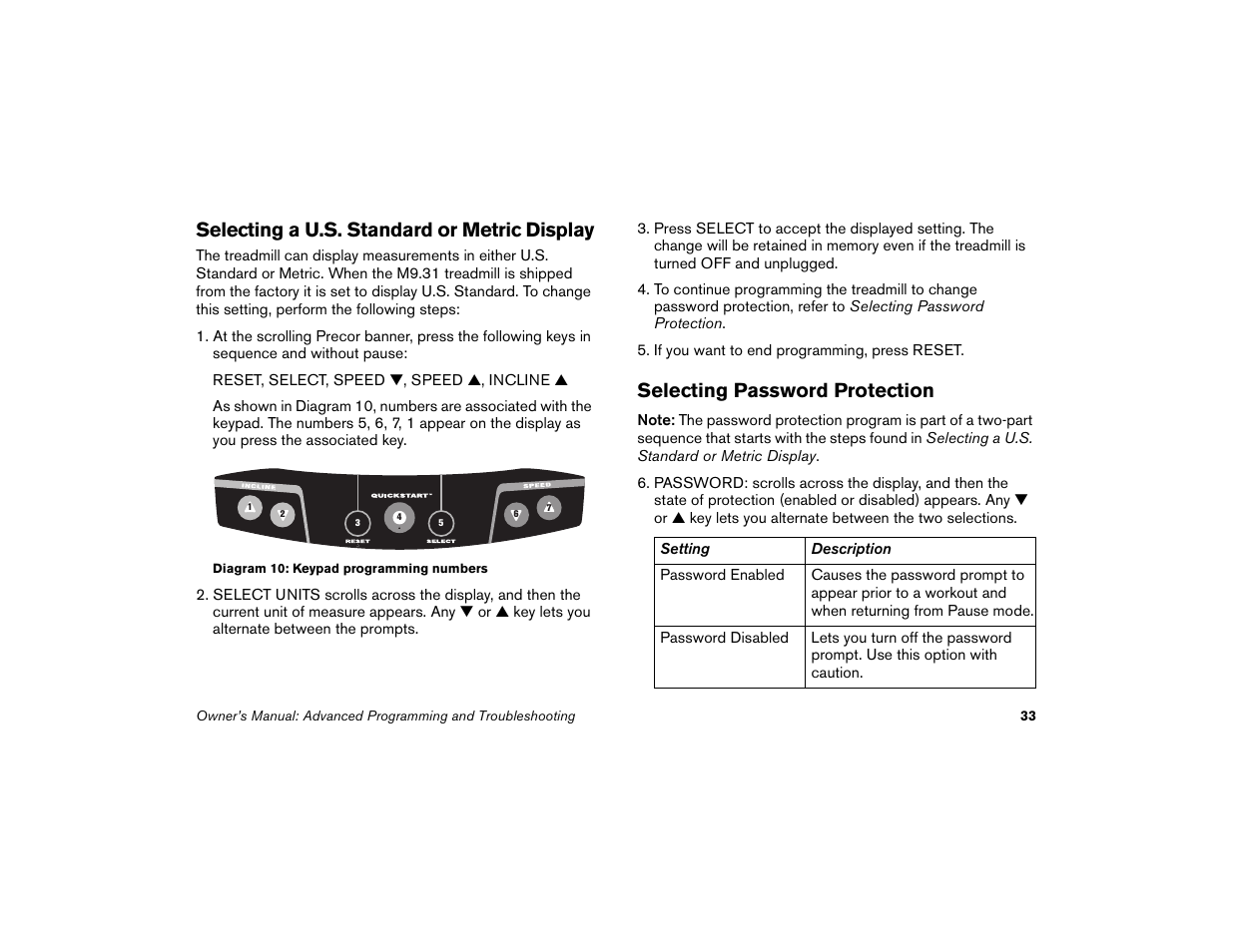 Selecting a u.s. standard or metric display, Selecting password protection | Precor Low Impact 9.31 User Manual | Page 35 / 60