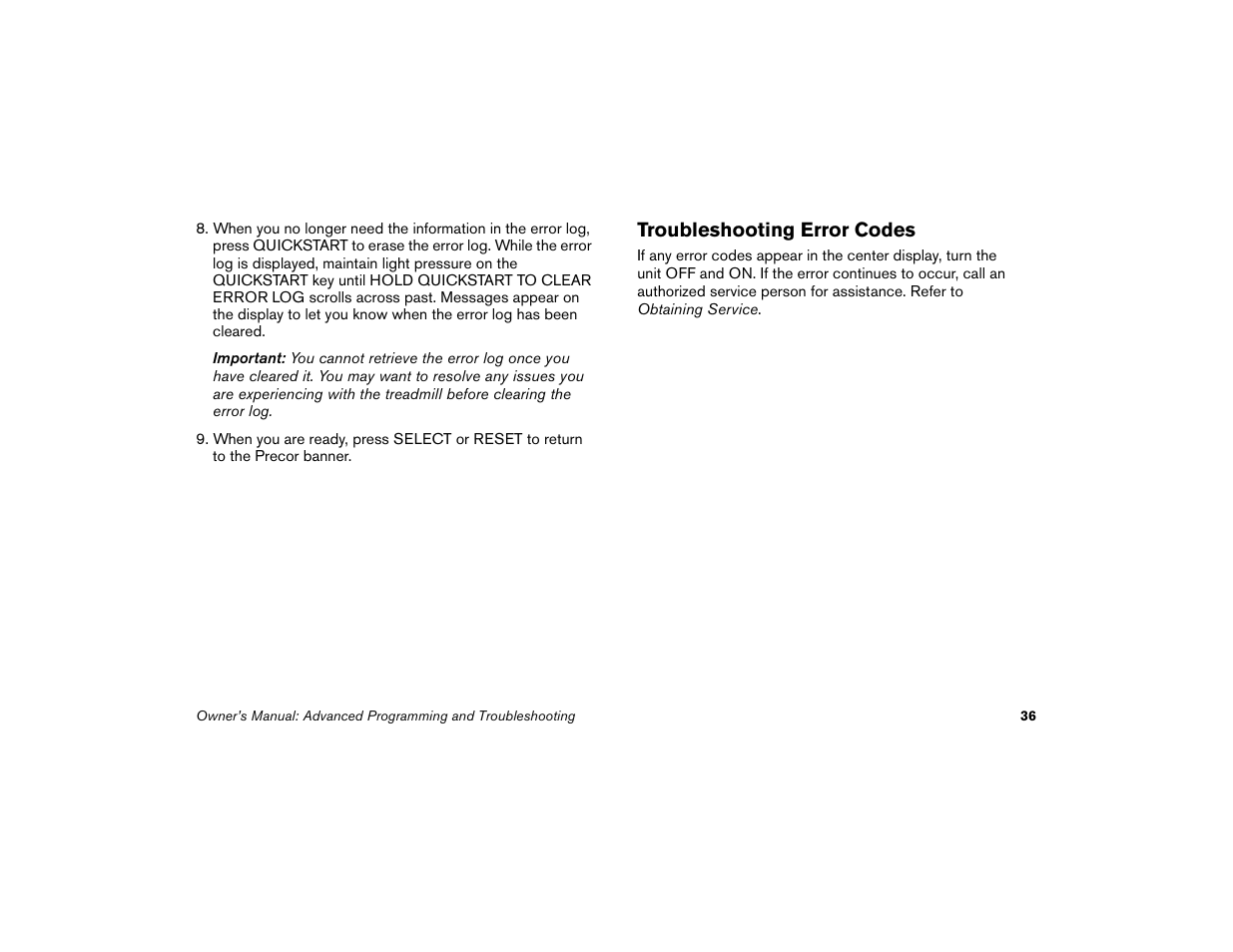 Troubleshooting error codes | Precor Low Impact 9.31 User Manual | Page 38 / 60