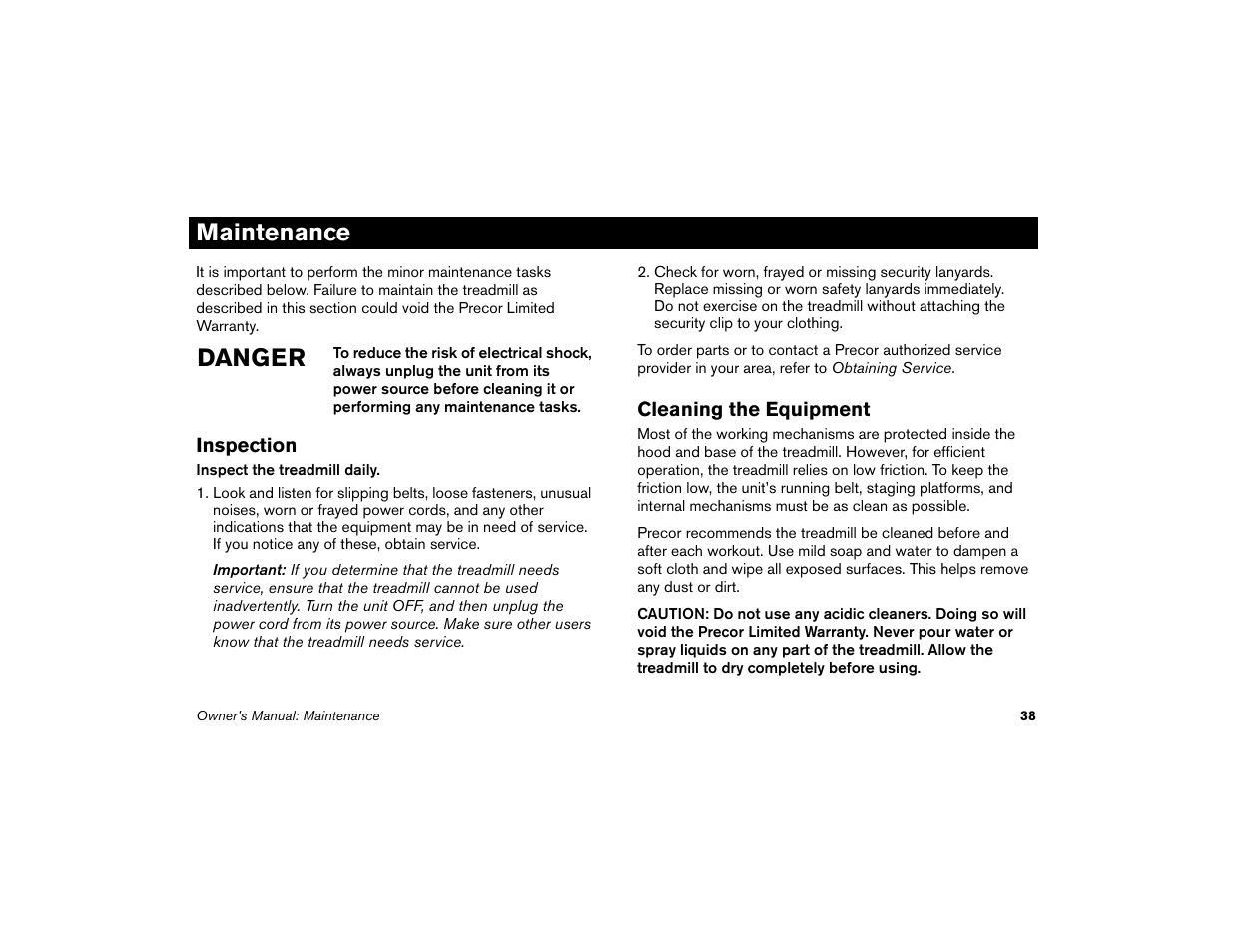 Maintenance, Inspection, Cleaning the equipment | Inspection cleaning the equipment, Danger | Precor Low Impact 9.31 User Manual | Page 40 / 60