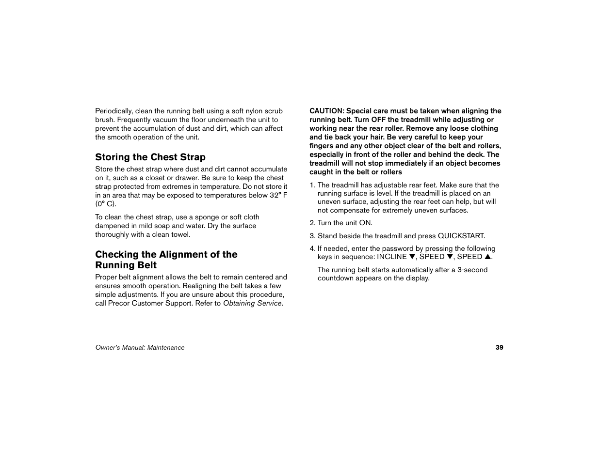 Storing the chest strap, Checking the alignment of the running belt | Precor Low Impact 9.31 User Manual | Page 41 / 60