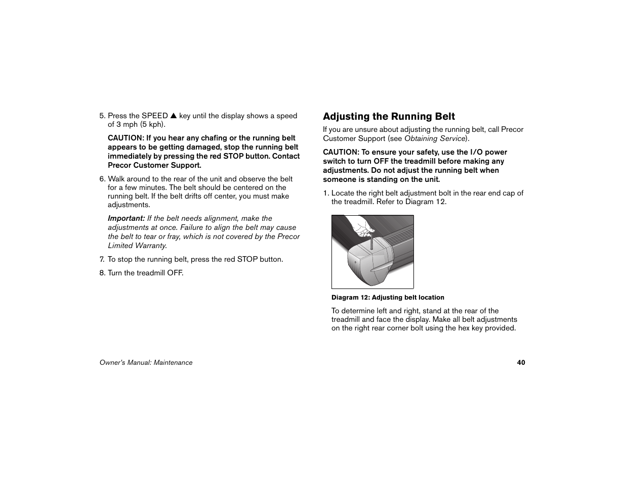 Adjusting the running belt | Precor Low Impact 9.31 User Manual | Page 42 / 60