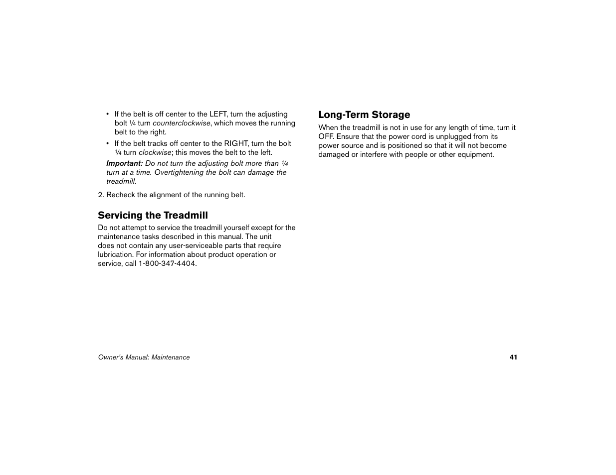 Servicing the treadmill, Long-term storage, Servicing the treadmill long-term storage | Precor Low Impact 9.31 User Manual | Page 43 / 60