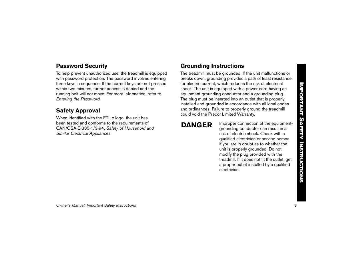 Password security, Safety approval, Grounding instructions | Danger | Precor Low Impact 9.31 User Manual | Page 5 / 60