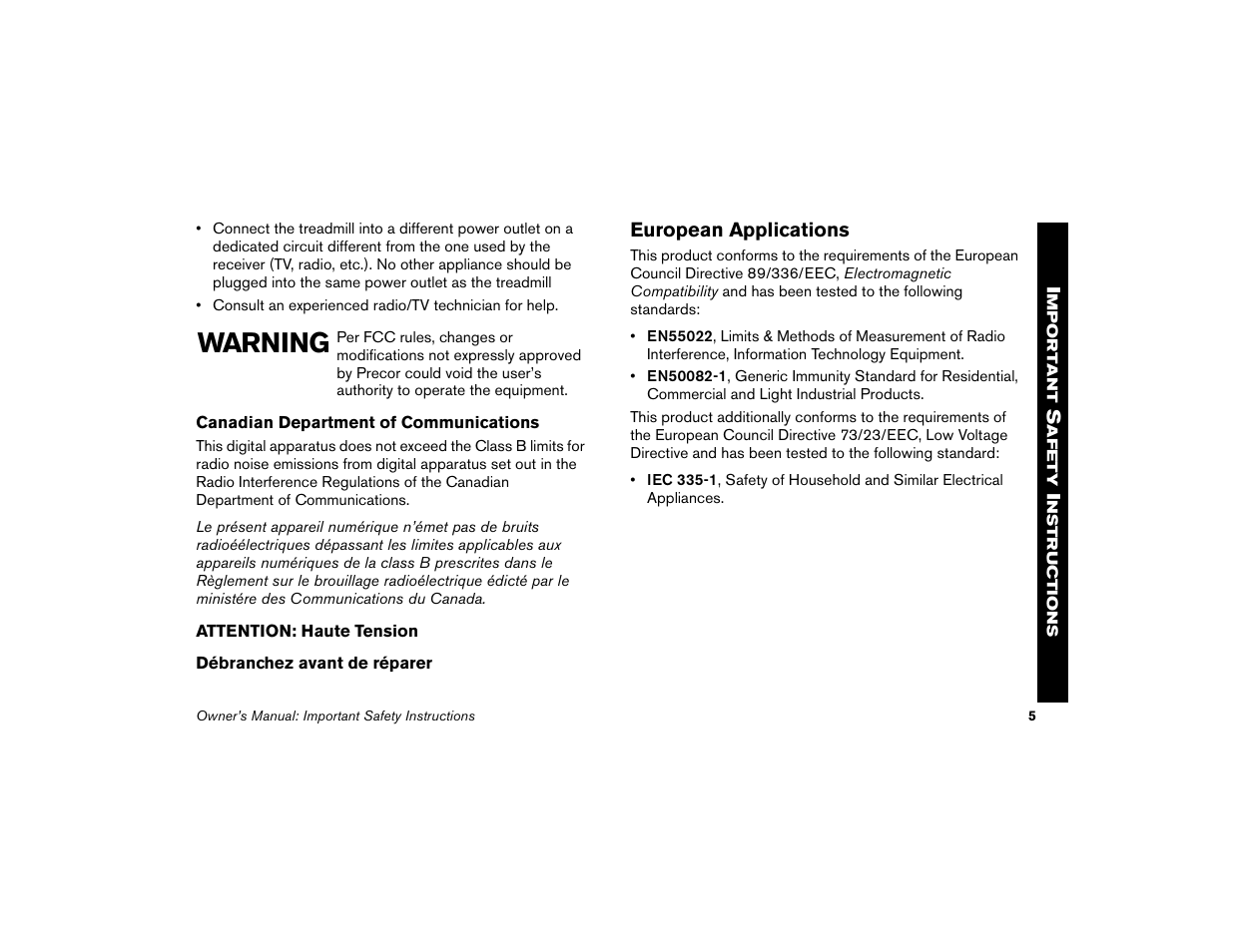 European applications, Warning | Precor Low Impact 9.31 User Manual | Page 7 / 60