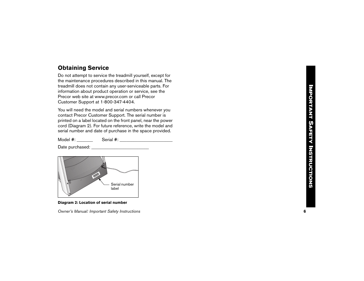 Obtaining service | Precor Low Impact 9.31 User Manual | Page 8 / 60