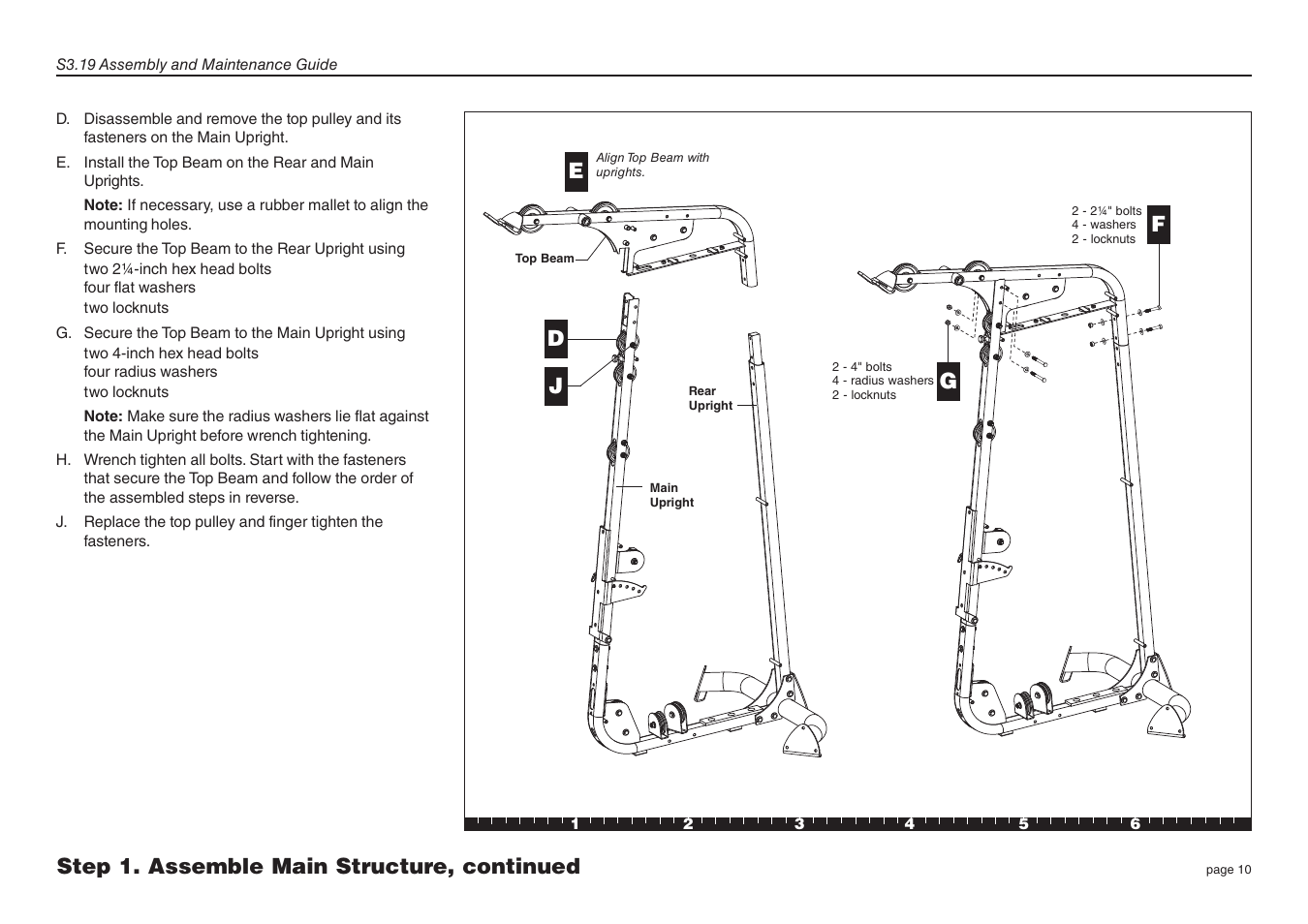 Step 1. assemble main structure, continued e f | Precor Strength-Training Fitness Equiptment S3-19 User Manual | Page 10 / 40