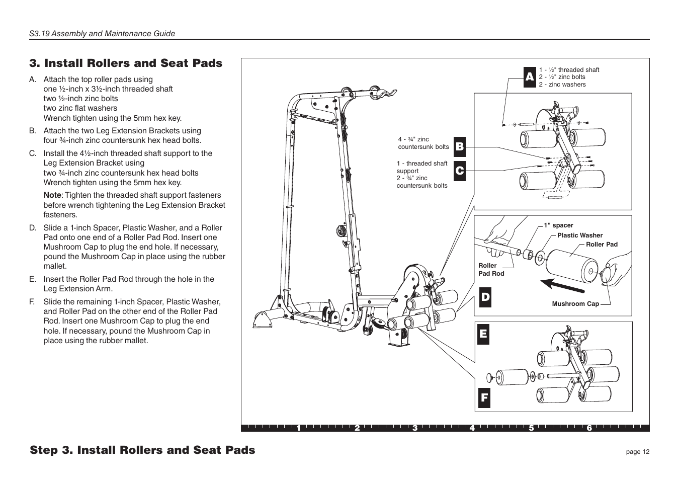 Install rollers and seat pads, Step 3. install rollers and seat pads c | Precor Strength-Training Fitness Equiptment S3-19 User Manual | Page 12 / 40