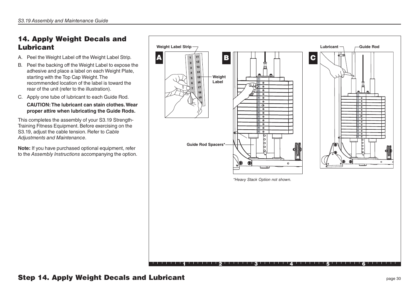 Apply weight decals and lubricant, Cstep 14. apply weight decals and lubricant, S3.19 assembly and maintenance guide | Precor Strength-Training Fitness Equiptment S3-19 User Manual | Page 30 / 40