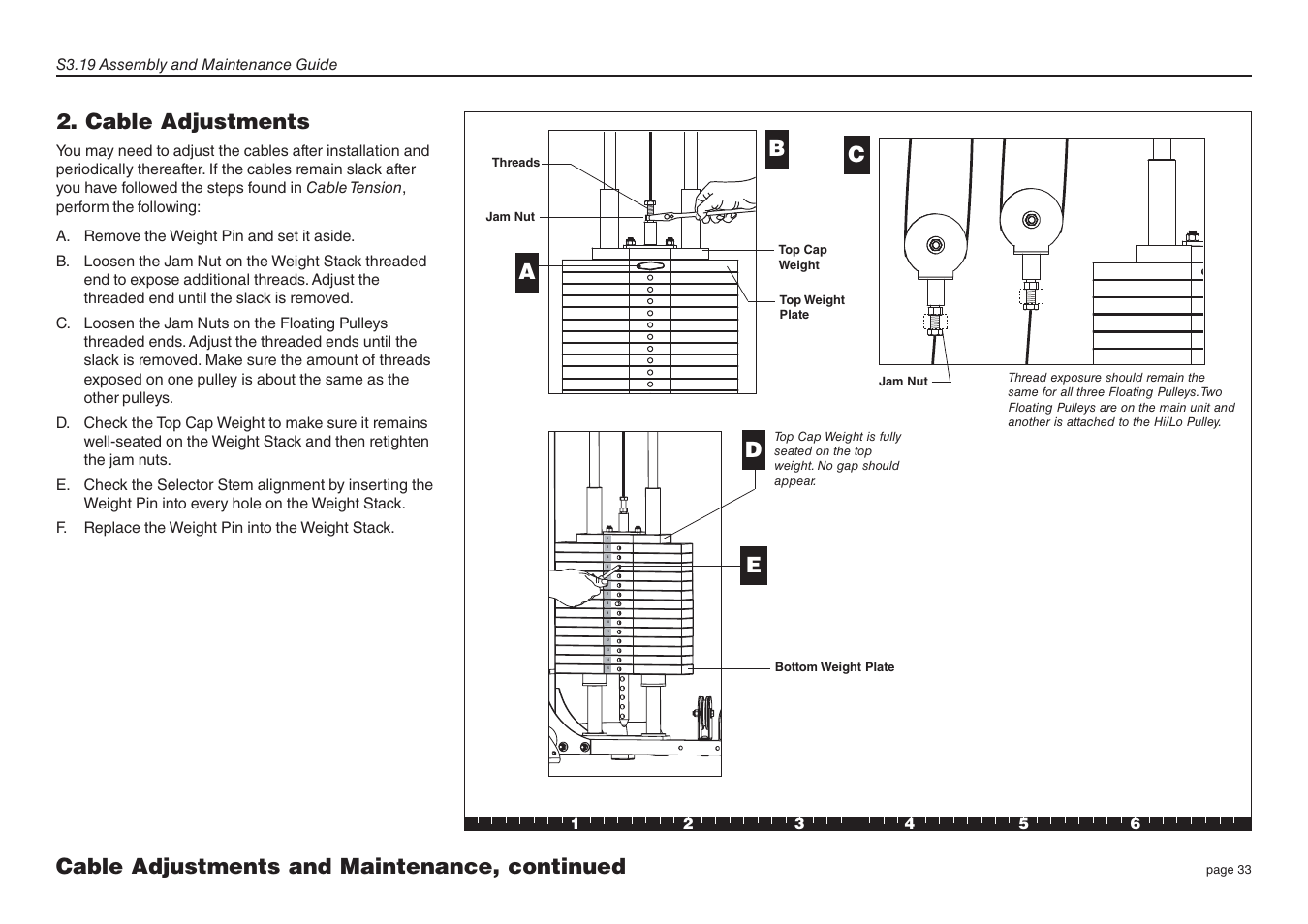 Cable adjustments and maintenance, continued d b e, Cable adjustments | Precor Strength-Training Fitness Equiptment S3-19 User Manual | Page 33 / 40