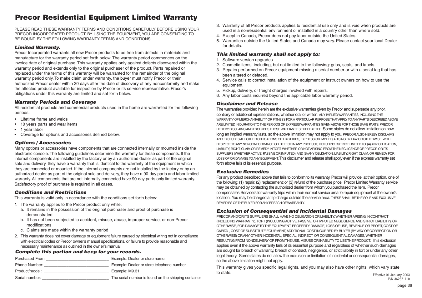 Precor residential equipment limited warranty | Precor Strength-Training Fitness Equiptment S3-19 User Manual | Page 36 / 40