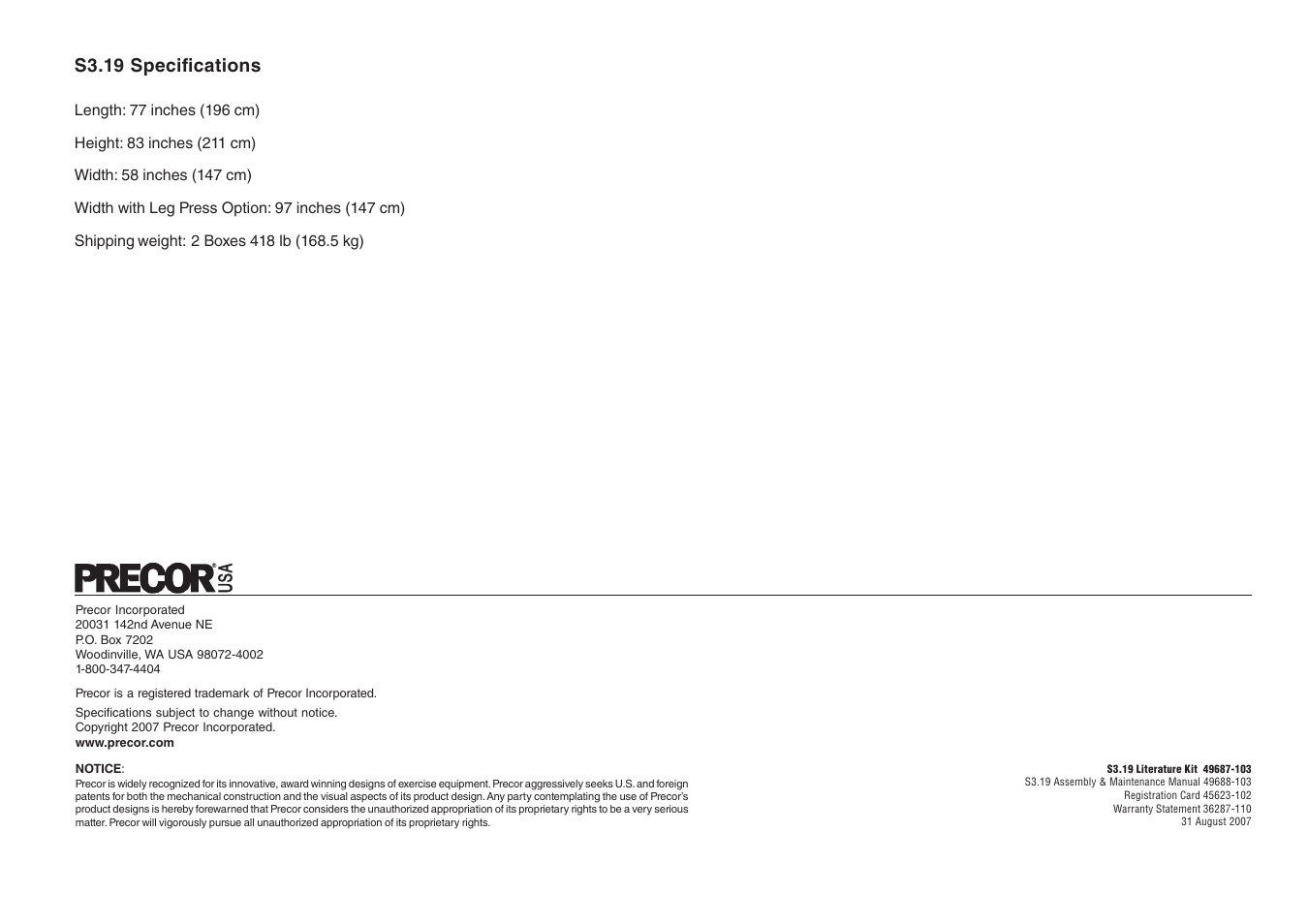 S3.19 specifications | Precor Strength-Training Fitness Equiptment S3-19 User Manual | Page 40 / 40