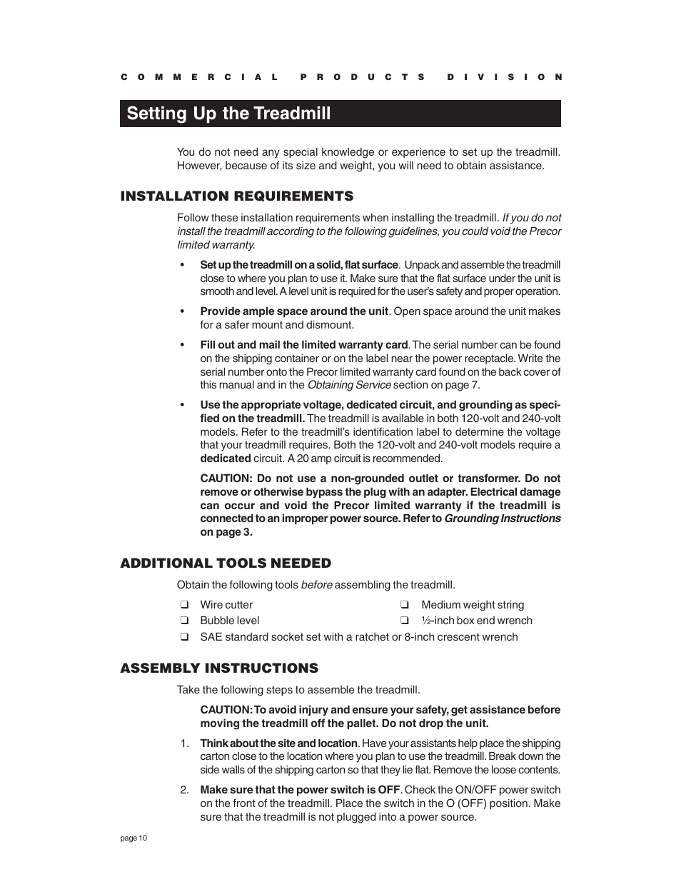 Setting up the treadmill, Installation requirements, Additional tools needed | Assembly instructions | Precor C966 User Manual | Page 10 / 56