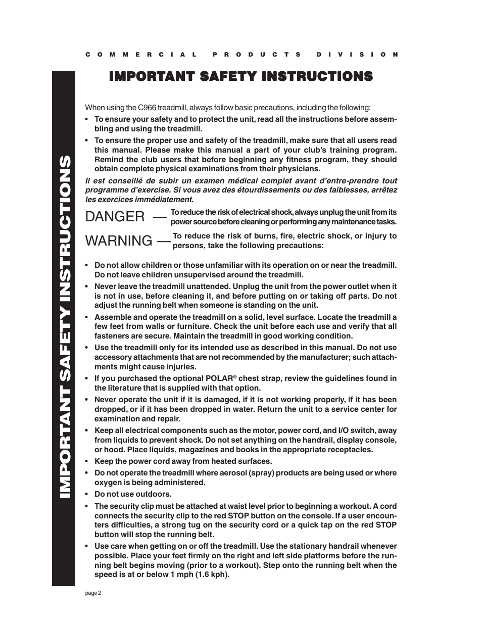 Important safety instructions, Danger — warning, Impor t ant safety instructions | Impor | Precor C966 User Manual | Page 2 / 56
